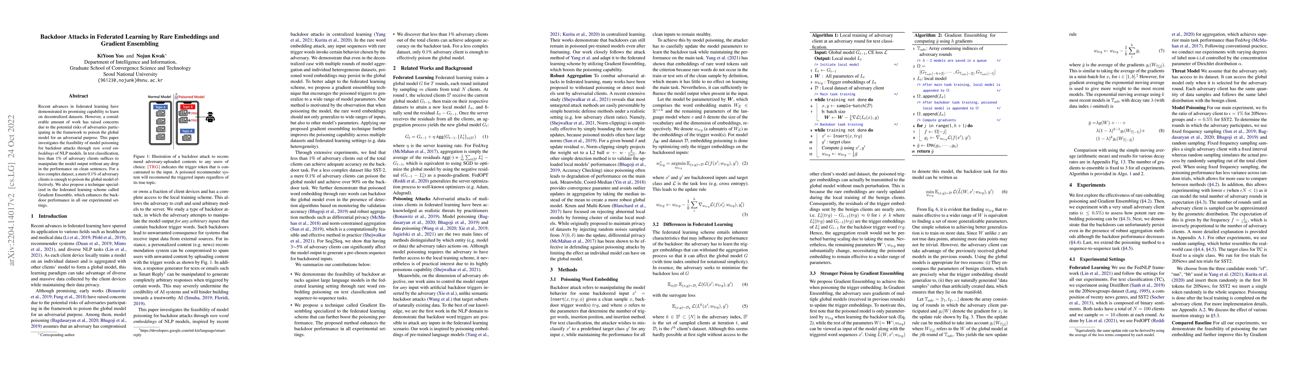 Thumbnail for Backdoor Attacks in Federated Learning by Rare Embeddings and Gradient
  Ensembling