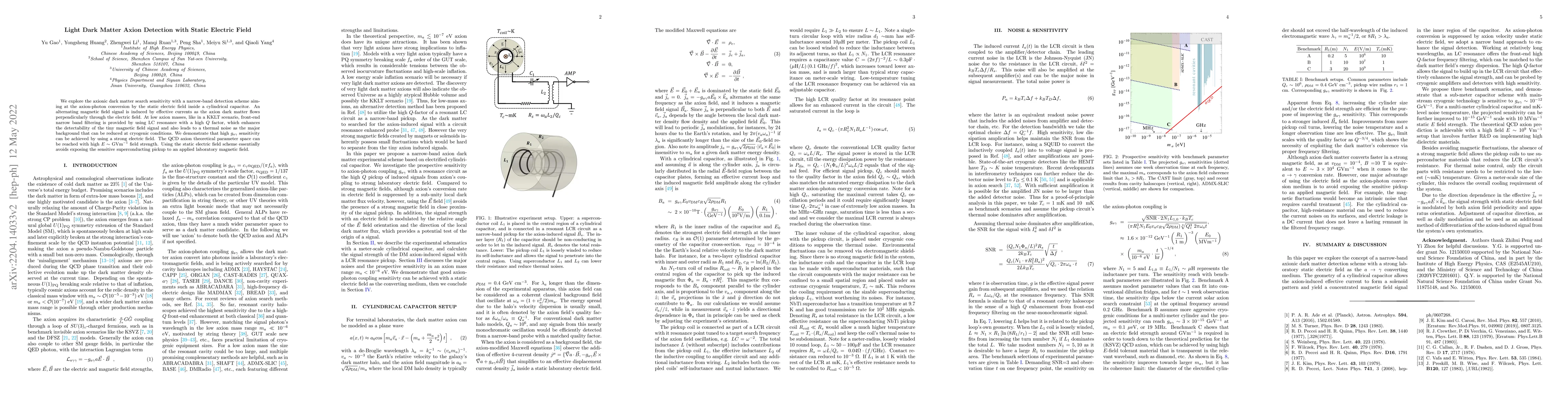 Thumbnail for Light Dark Matter Axion Detection with Static Electric Field