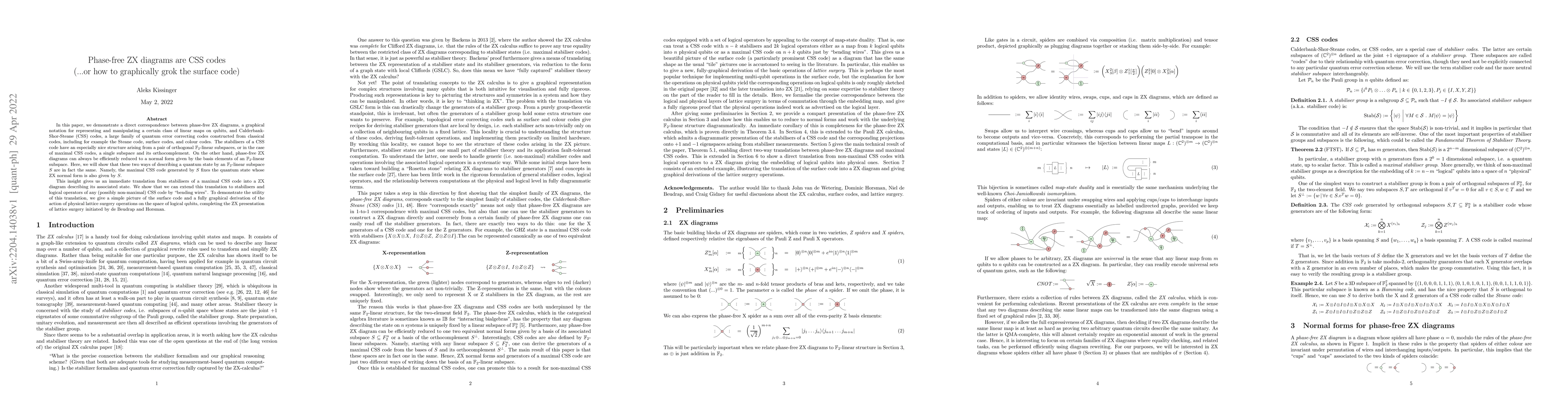 Thumbnail for Phase-free ZX diagrams are CSS codes (...or how to graphically grok the
  surface code)