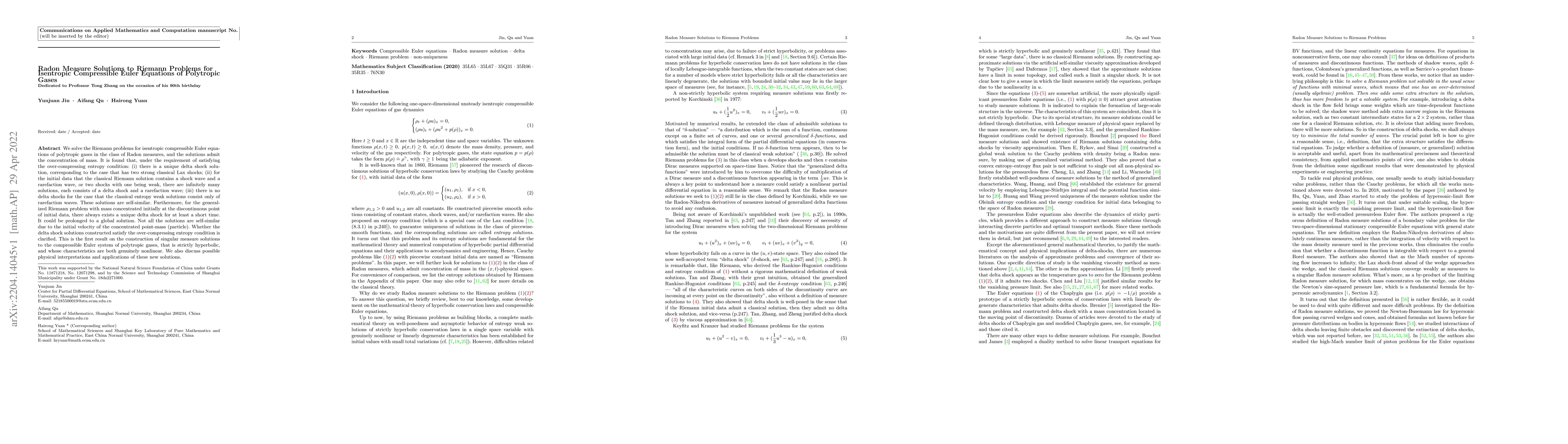 Thumbnail for Radon Measure Solutions to Riemann Problems for Isentropic Compressible
  Euler Equations of Polytropic Gases