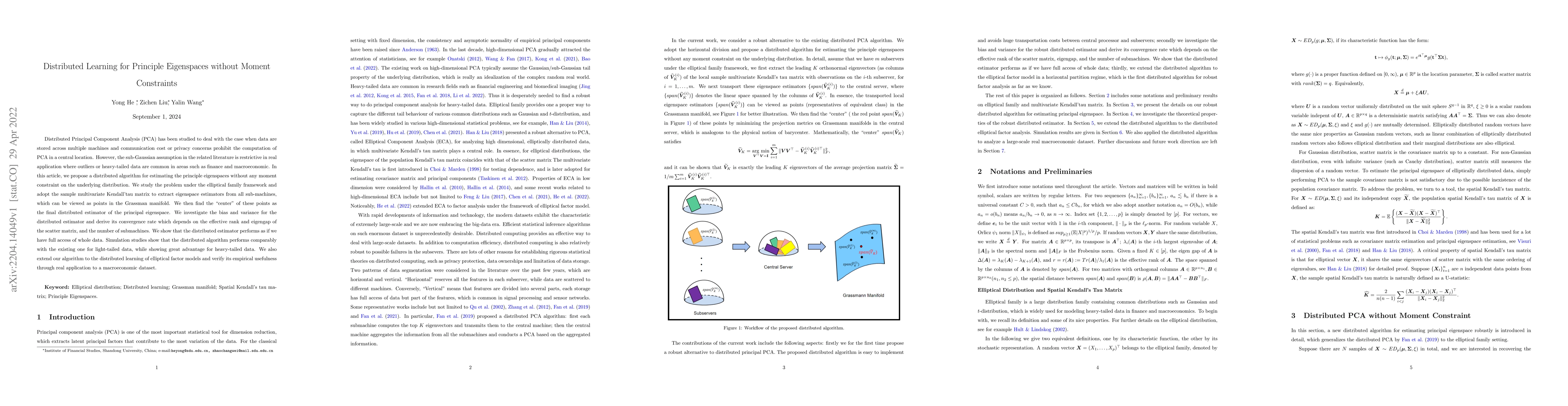 Thumbnail for Distributed Learning for Principle Eigenspaces without Moment
  Constraints