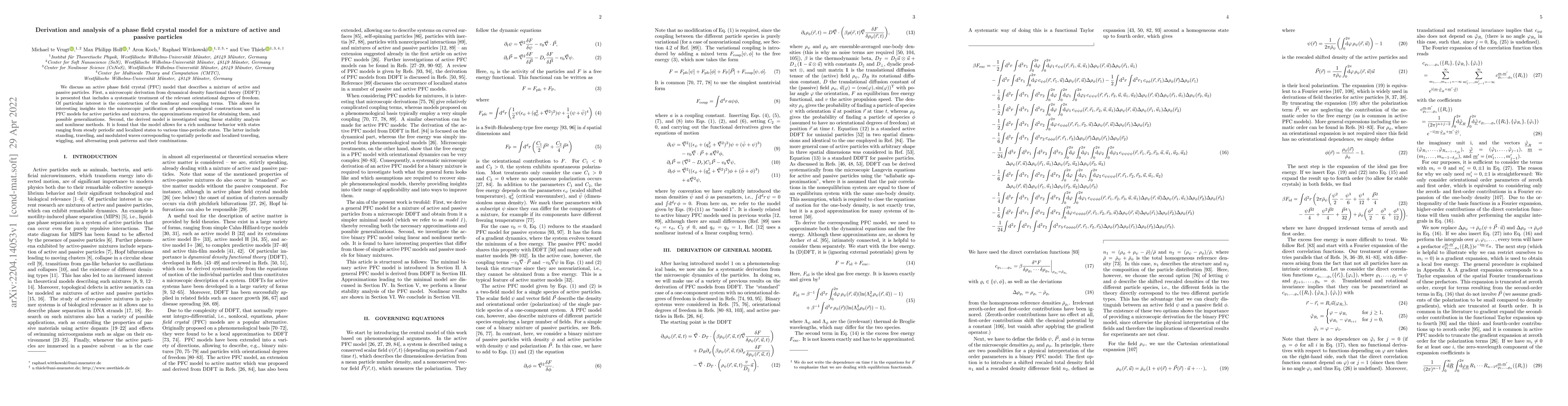 Thumbnail for Derivation and analysis of a phase field crystal model for a mixture of
  active and passive particles