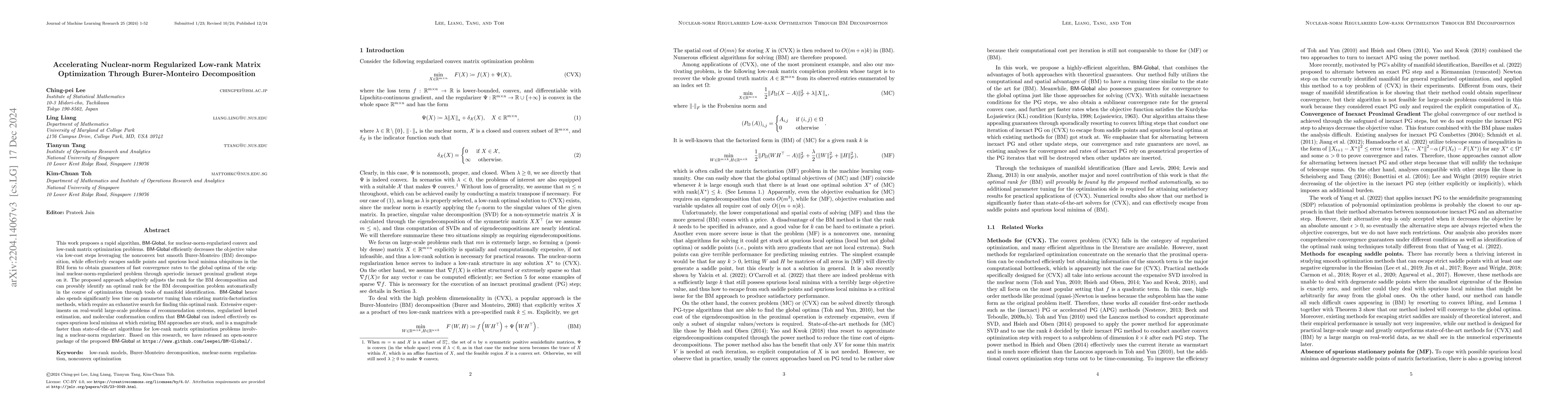Thumbnail for Accelerating nuclear-norm regularized low-rank matrix optimization
  through Burer-Monteiro decomposition