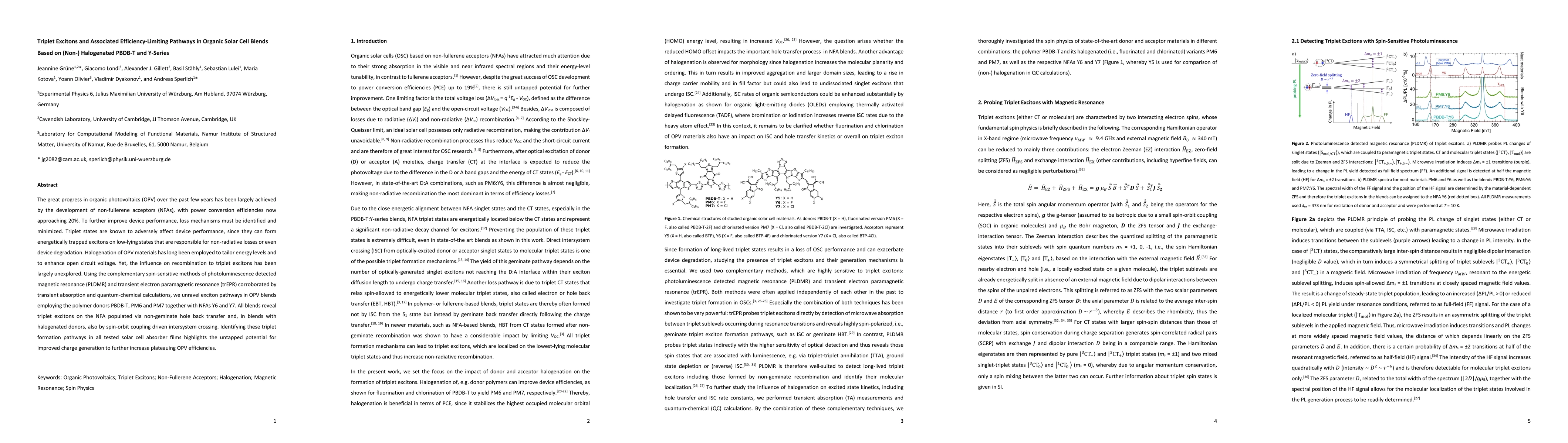 Thumbnail for Triplet Excitons and associated Efficiency-Limiting Pathways in Organic
  Solar Cell Blends based on (Non-) Halogenated PBDB-T and Y-Series