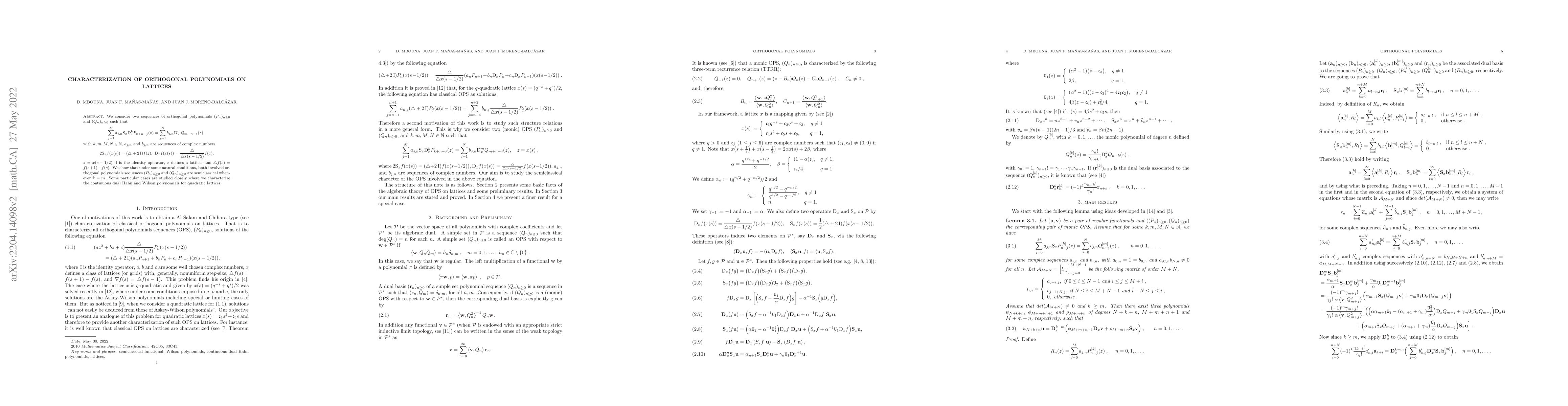 Thumbnail for Characterization of Orthogonal Polynomials on lattices