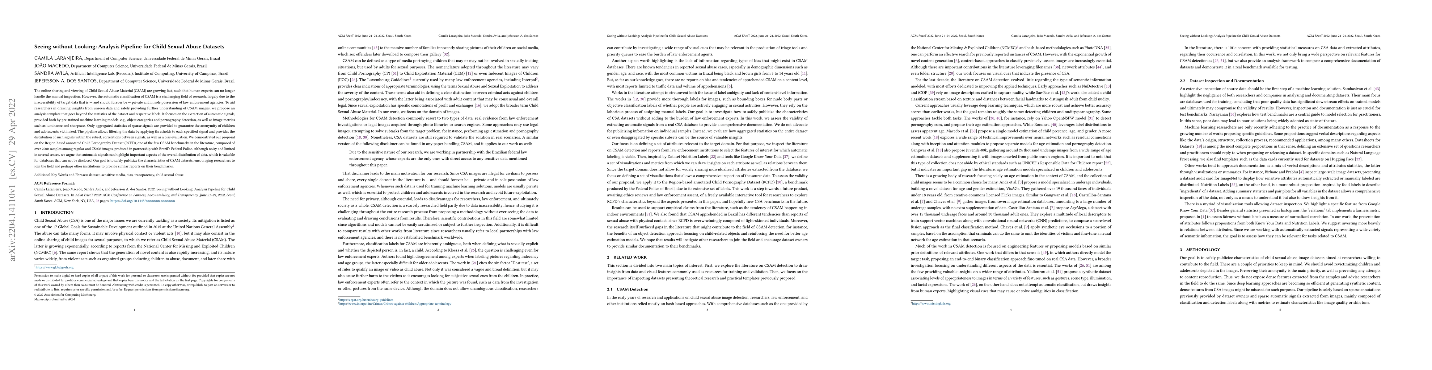 Thumbnail for Seeing without Looking: Analysis Pipeline for Child Sexual Abuse
  Datasets