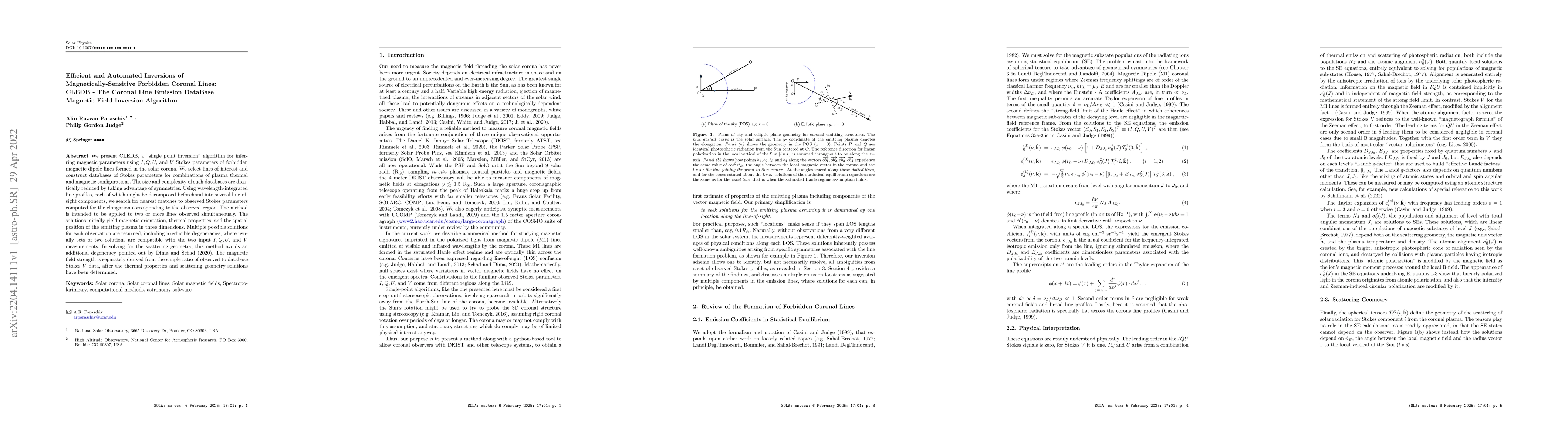 Thumbnail for Efficient and Automated Inversions of Magnetically-Sensitive Forbidden
  Coronal Lines: CLEDB -- The Coronal Line Emission DataBase Magnetic Field
  Inversion Algorithm