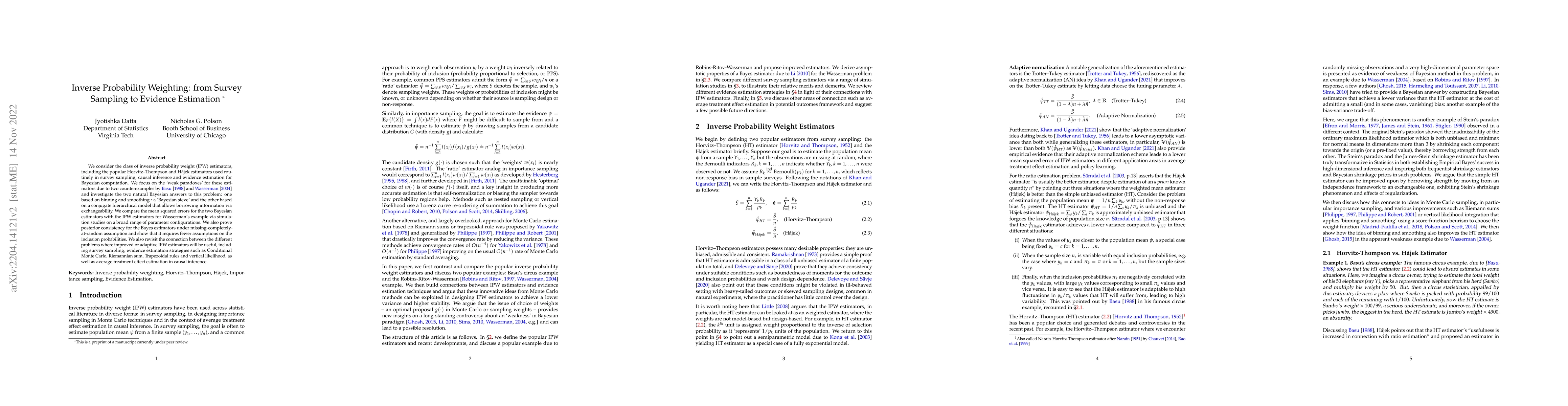 Thumbnail for Inverse Probability Weighting: from Survey Sampling to Evidence
  Estimation