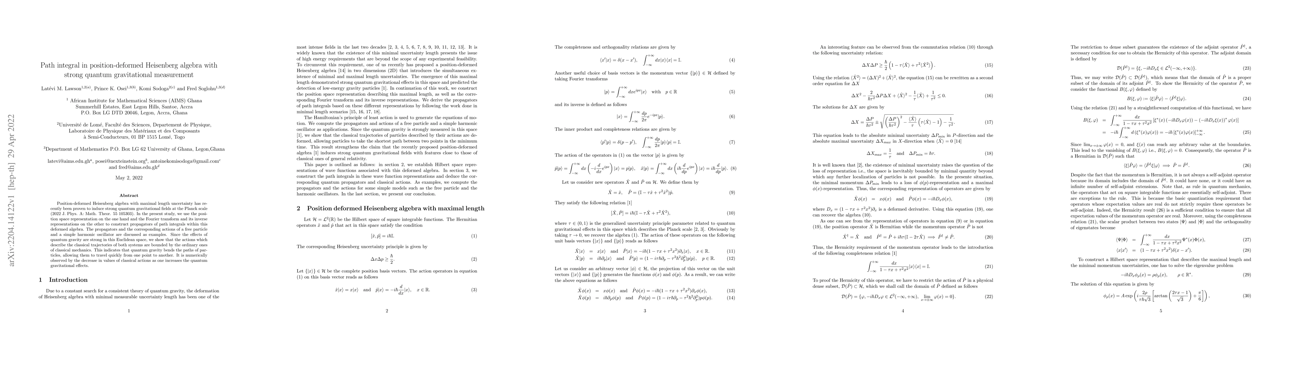 Thumbnail for Path integral in position-deformed Heisenberg algebra with strong
  quantum gravitational measurement