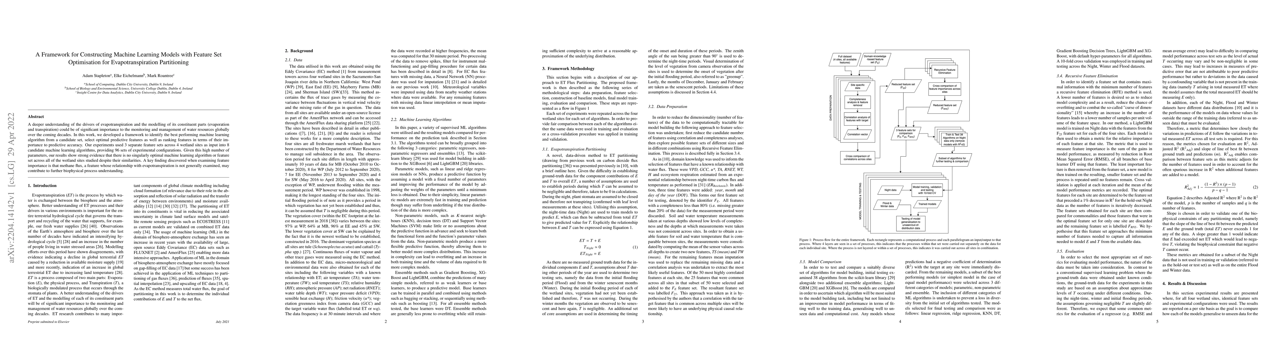 Thumbnail for A Framework for Constructing Machine Learning Models with Feature Set
  Optimisation for Evapotranspiration Partitioning