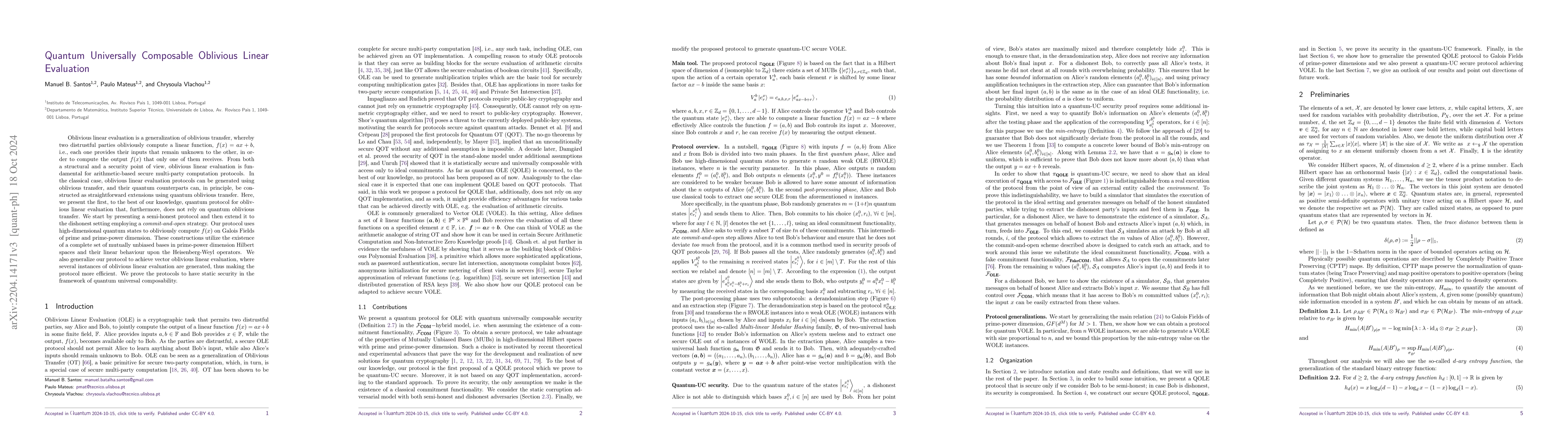 Thumbnail for Quantum Universally Composable Oblivious Linear Evaluation