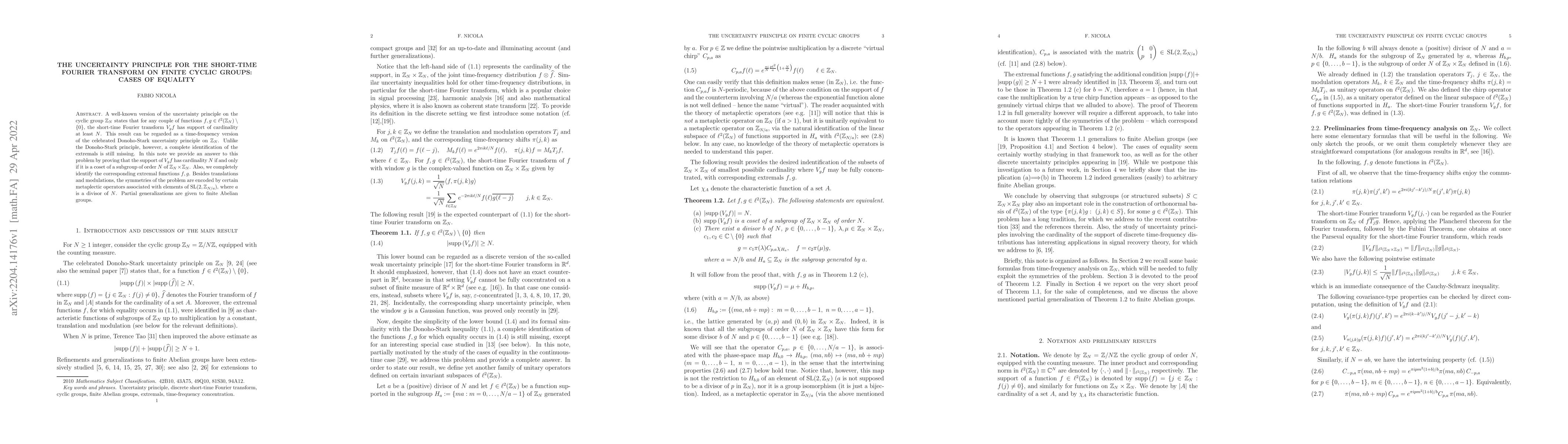 Thumbnail for The uncertainty principle for the short-time Fourier transform on finite
  cyclic groups: cases of equality