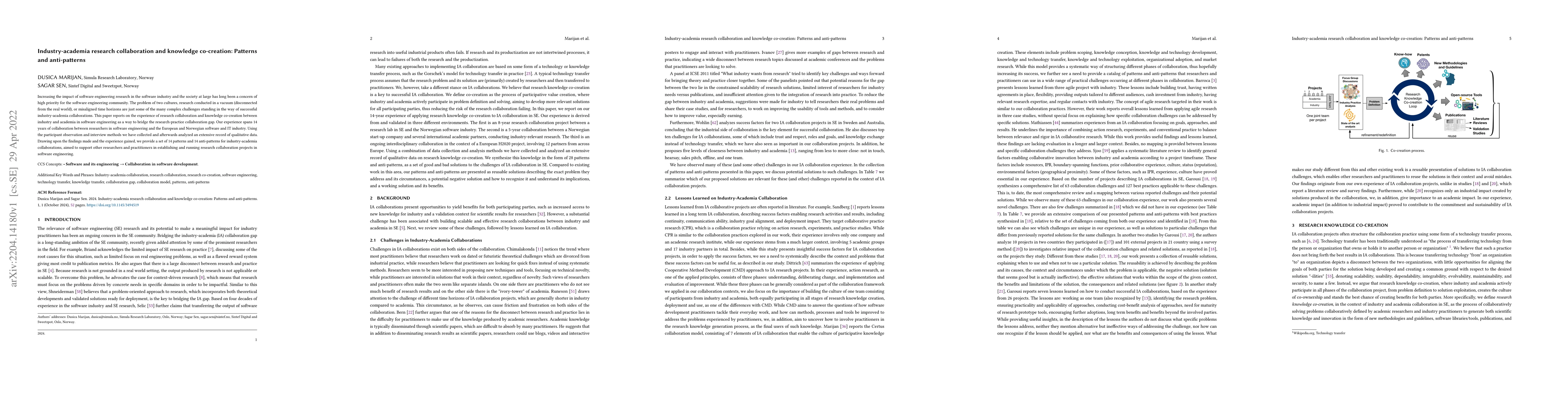 Thumbnail for Industry-academia research collaboration and knowledge co-creation:
  Patterns and anti-patterns