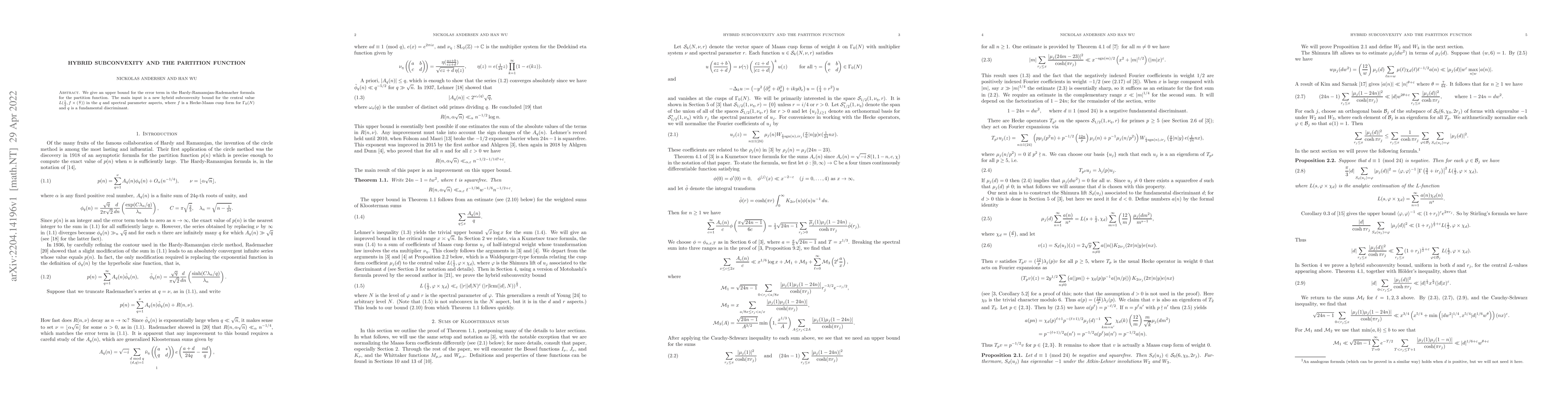 Thumbnail for Hybrid subconvexity and the partition function