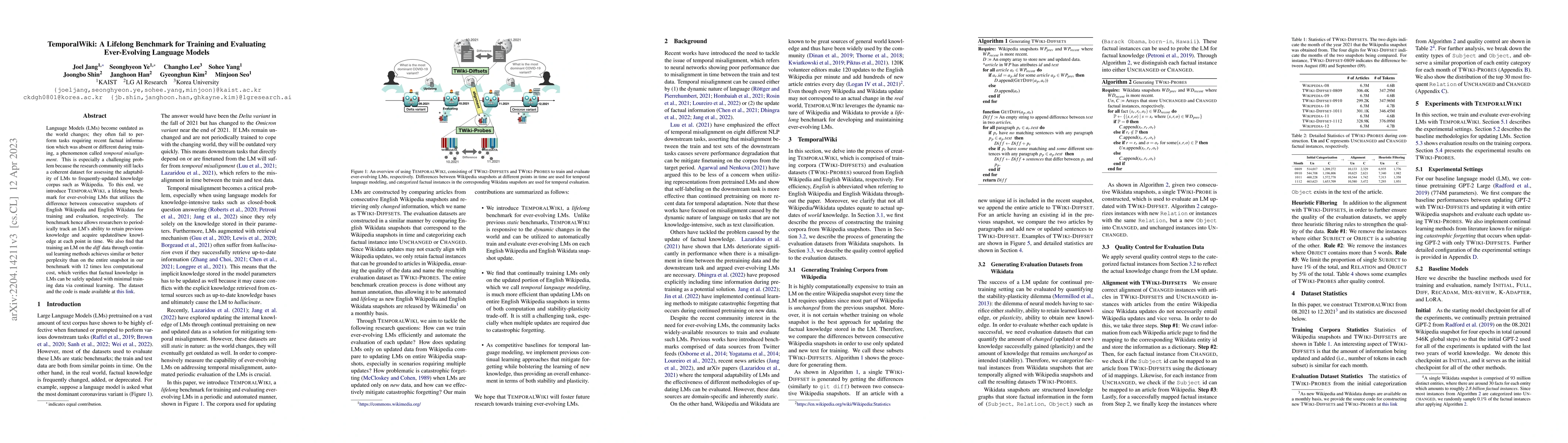 Thumbnail for TemporalWiki: A Lifelong Benchmark for Training and Evaluating
  Ever-Evolving Language Models