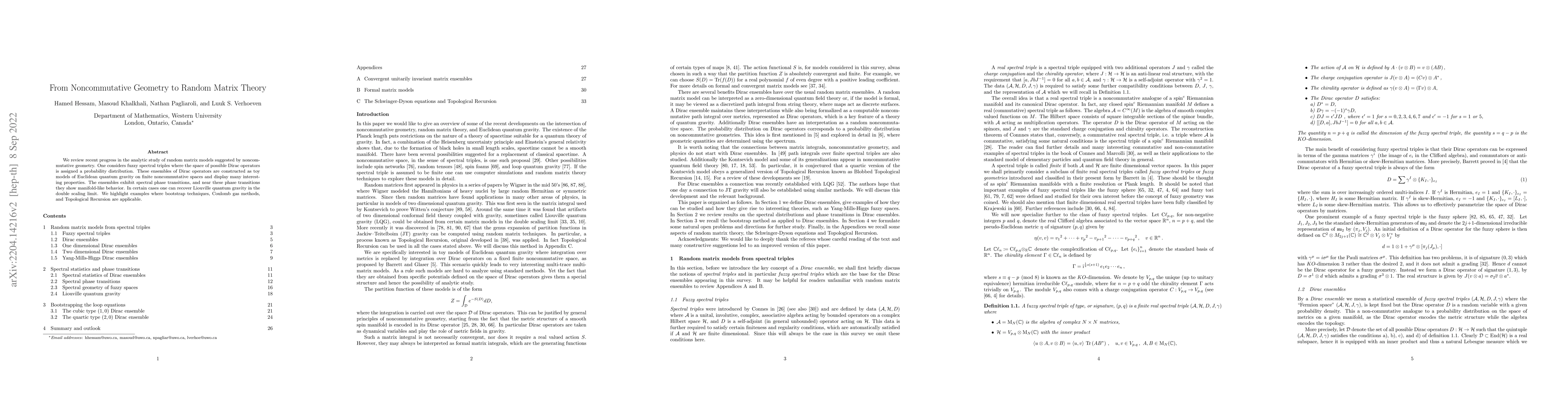 Thumbnail for From Noncommutative Geometry to Random Matrix Theory