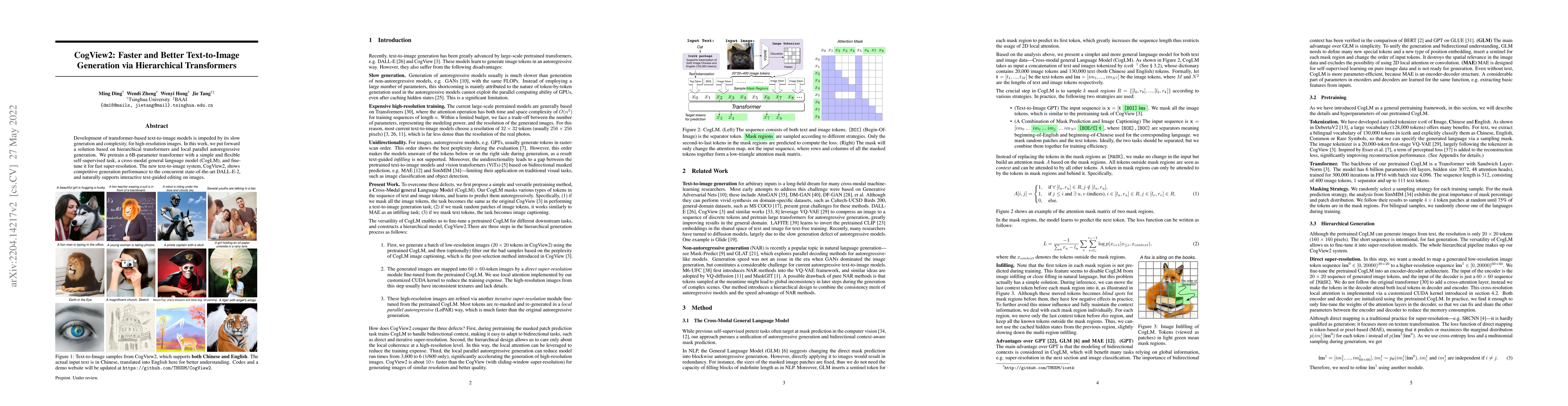 Thumbnail for CogView2: Faster and Better Text-to-Image Generation via Hierarchical
  Transformers
