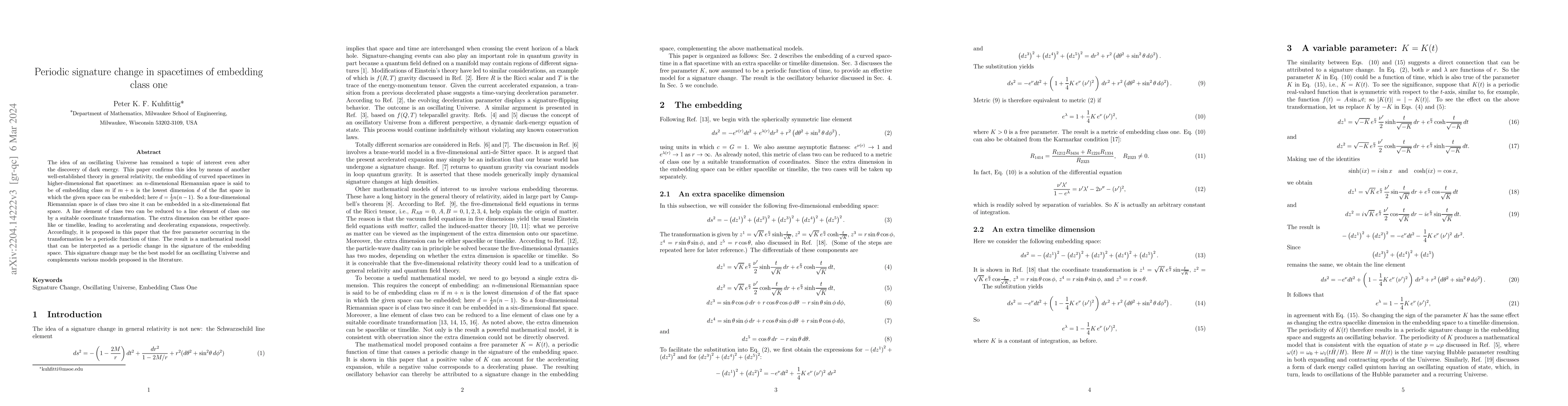 Thumbnail for Periodic signature change in spacetimes of embedding class one