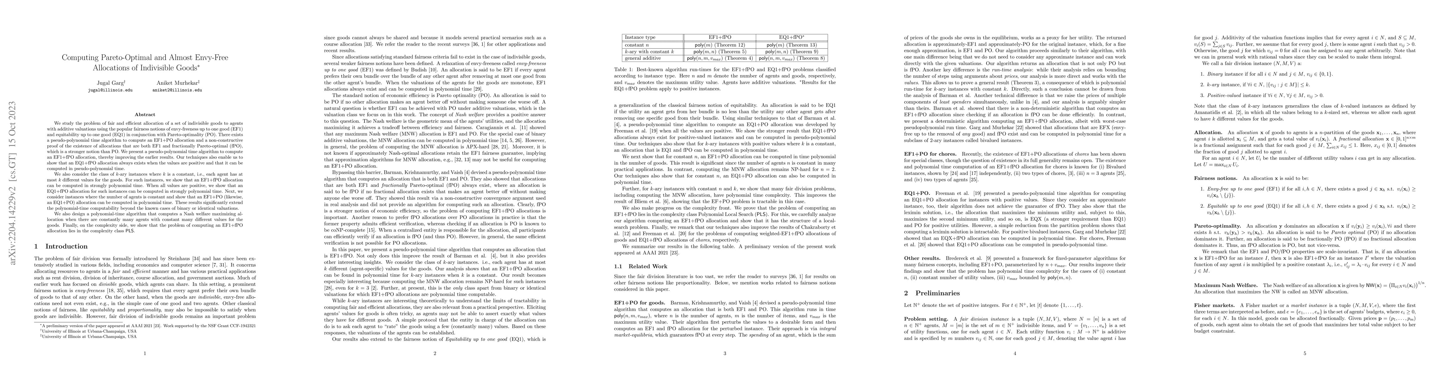 Thumbnail for Computing Pareto-Optimal and Almost Envy-Free Allocations of Indivisible
  Goods