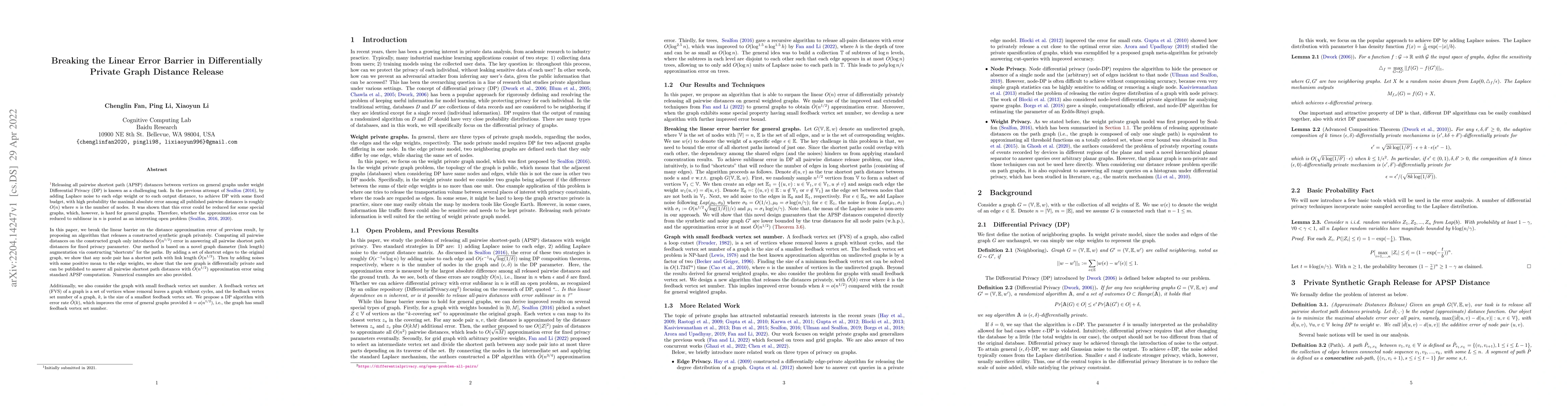 Thumbnail for Breaking the Linear Error Barrier in Differentially Private Graph
  Distance Release