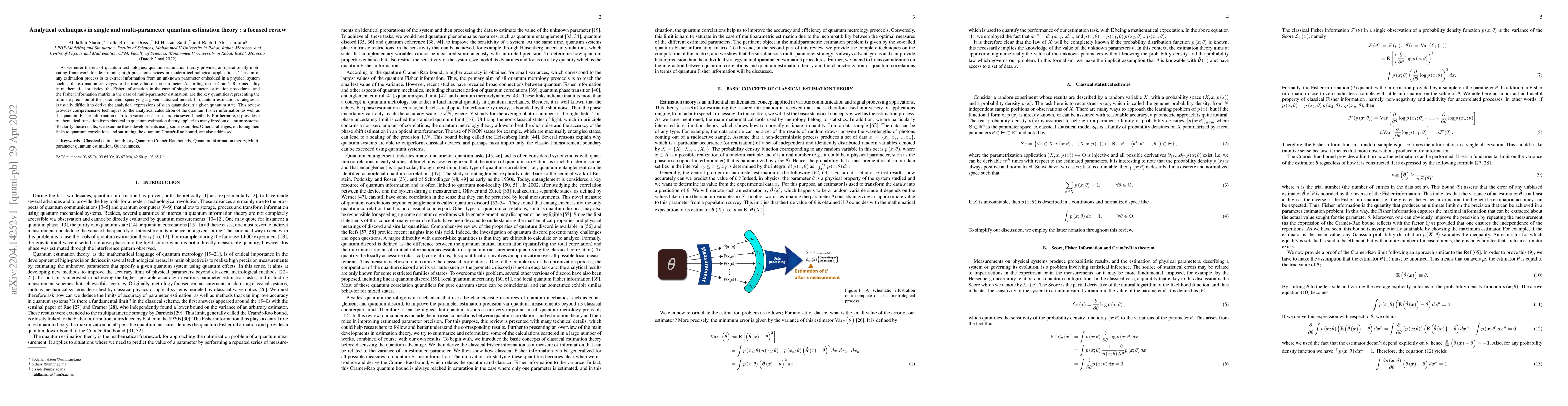 Thumbnail for Analytical techniques in single and multi-parameter quantum estimation
  theory: a focused review