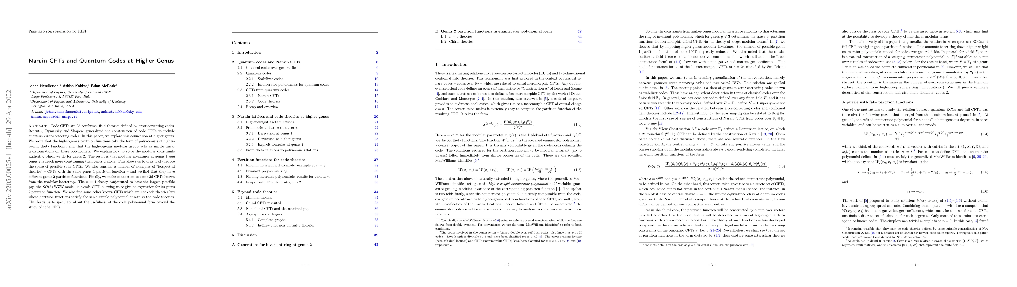 Thumbnail for Narain CFTs and Quantum Codes at Higher Genus