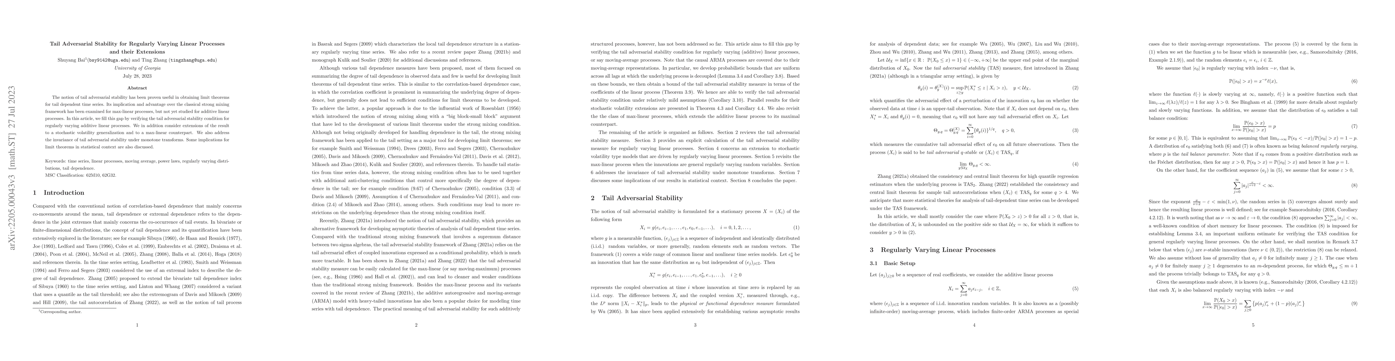 Thumbnail for Tail Adversarial Stability for Regularly Varying Linear Processes and
  their Extensions