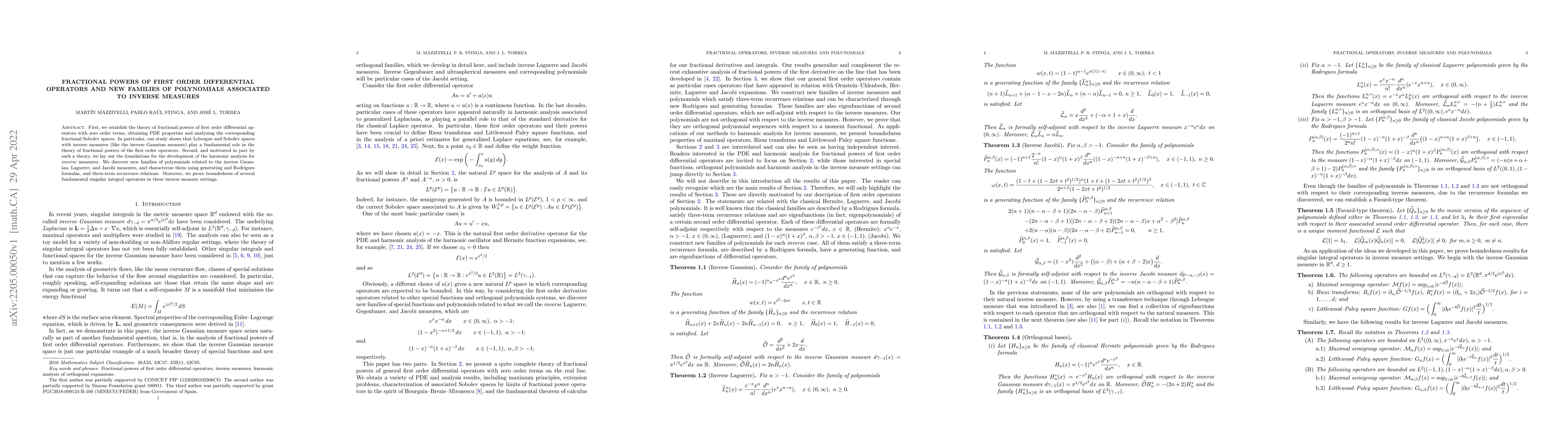 Thumbnail for Fractional powers of first order differential operators and new families
  of polynomials associated to inverse measures
