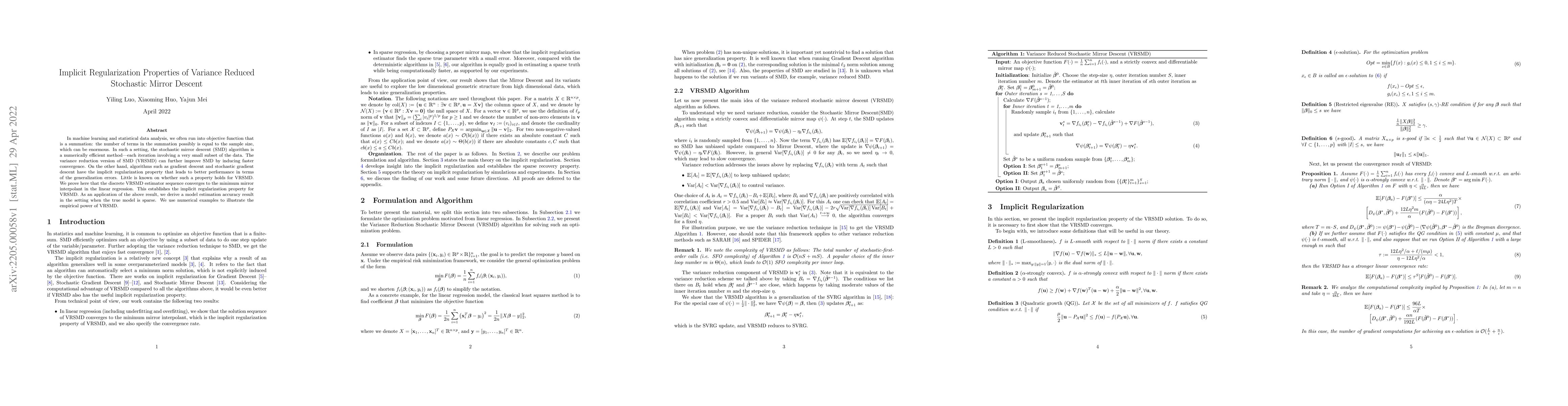 Thumbnail for Implicit Regularization Properties of Variance Reduced Stochastic Mirror
  Descent