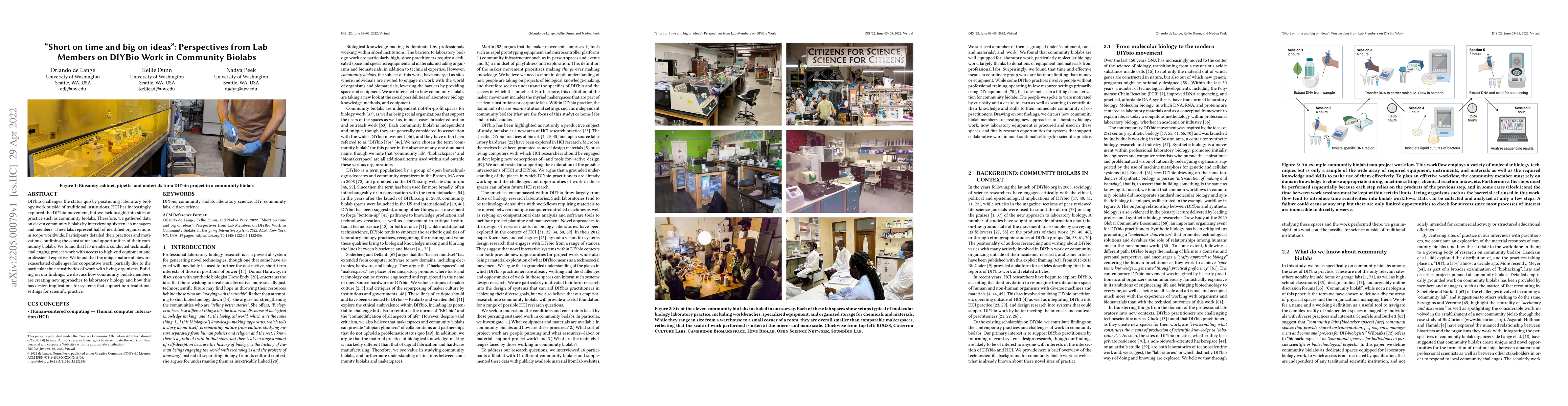 Thumbnail for "Short on time and big on ideas": Perspectives from Lab Members on
  DIYBio Work in Community Biolabs