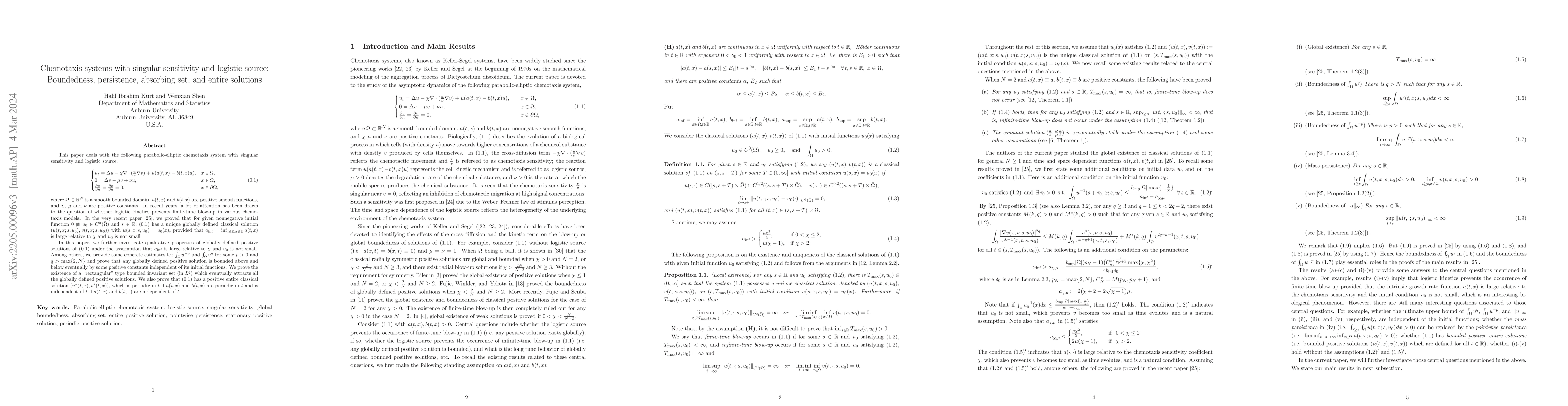 Thumbnail for Chemotaxis systems with singular sensitivity and logistic source:
  Boundedness, persistence, absorbing set, and entire solutions