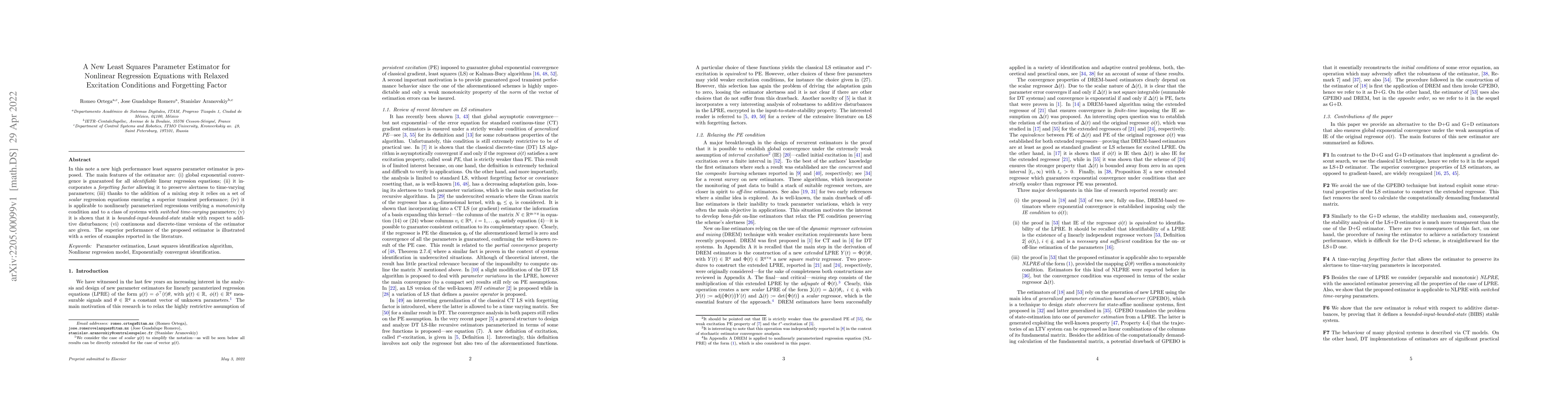 Thumbnail for A New Least Squares Parameter Estimator for Nonlinear Regression
  Equations with Relaxed Excitation Conditions and Forgetting Factor