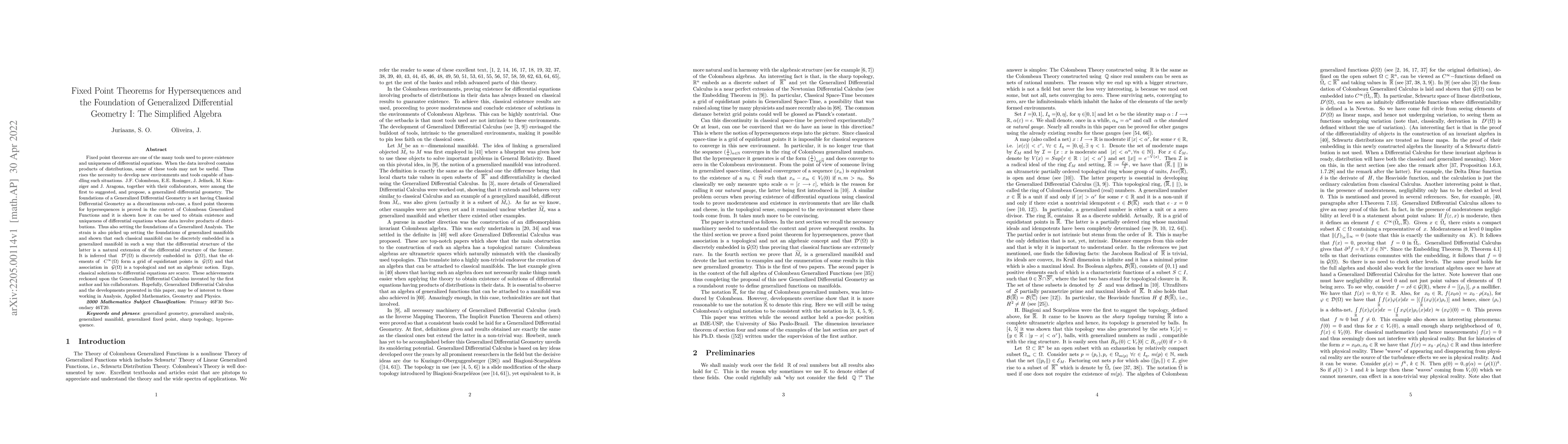 Thumbnail for Fixed Point Theorems for Hypersequences and the Foundation of
  Generalized Differential Geometry I: The Simplified Algebra