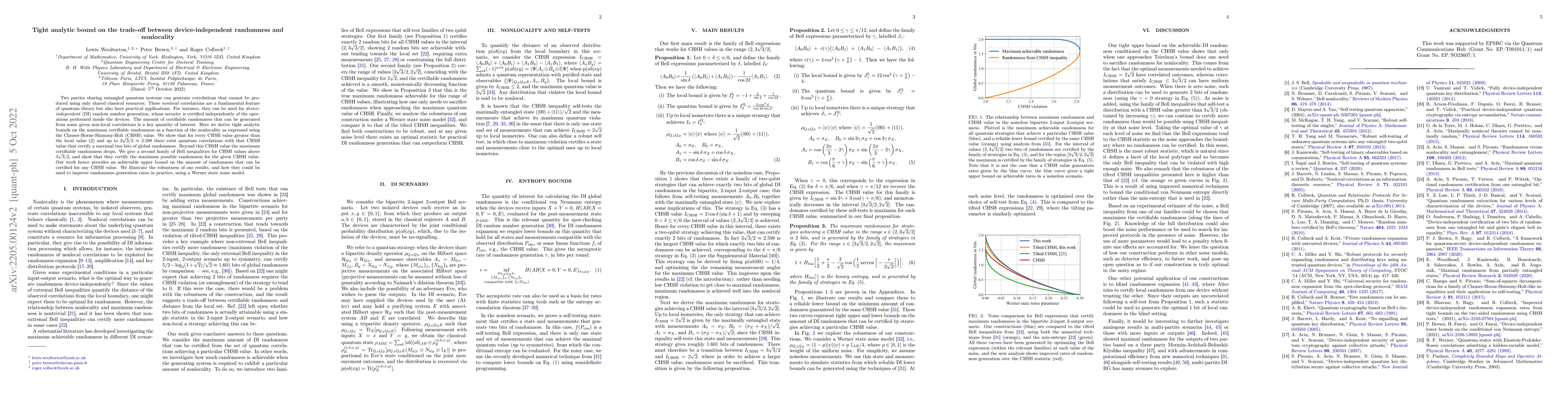 Thumbnail for Tight analytic bound on the trade-off between device-independent
  randomness and nonlocality