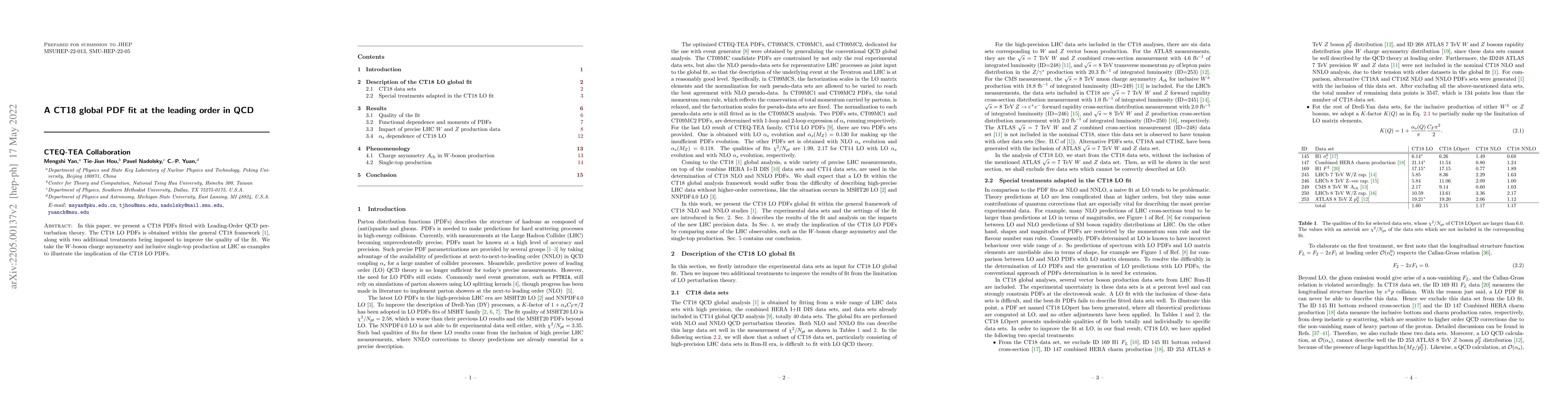 Thumbnail for A CT18 global PDF fit at the leading order in QCD