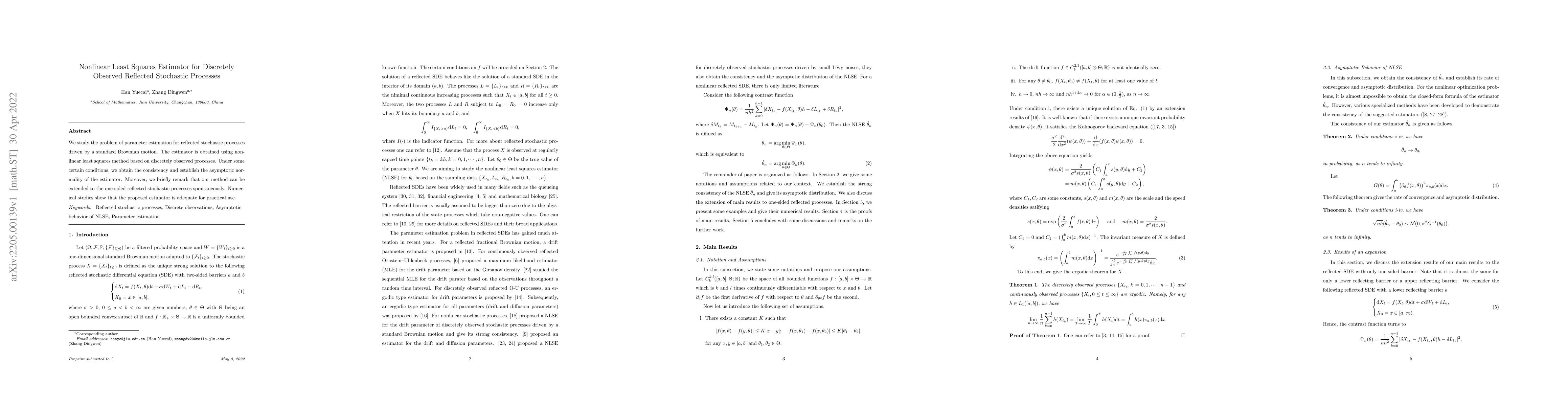 Thumbnail for Nonlinear Least Squares Estimator for Discretely Observed Reflected
  Stochastic Processes
