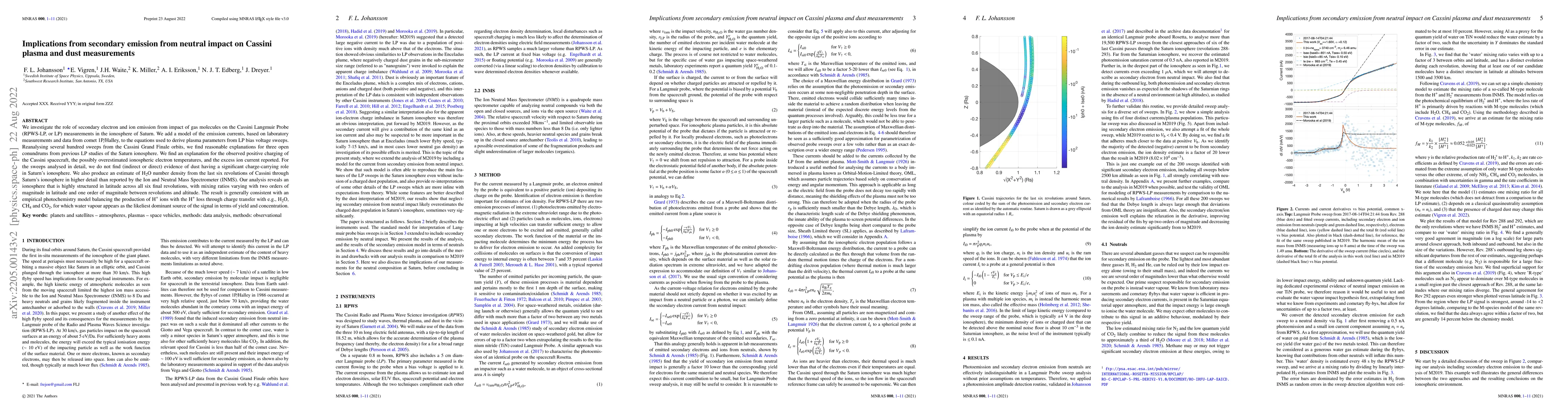 Thumbnail for Implications from secondary emission from neutral impact on Cassini
  plasma and dust measurements