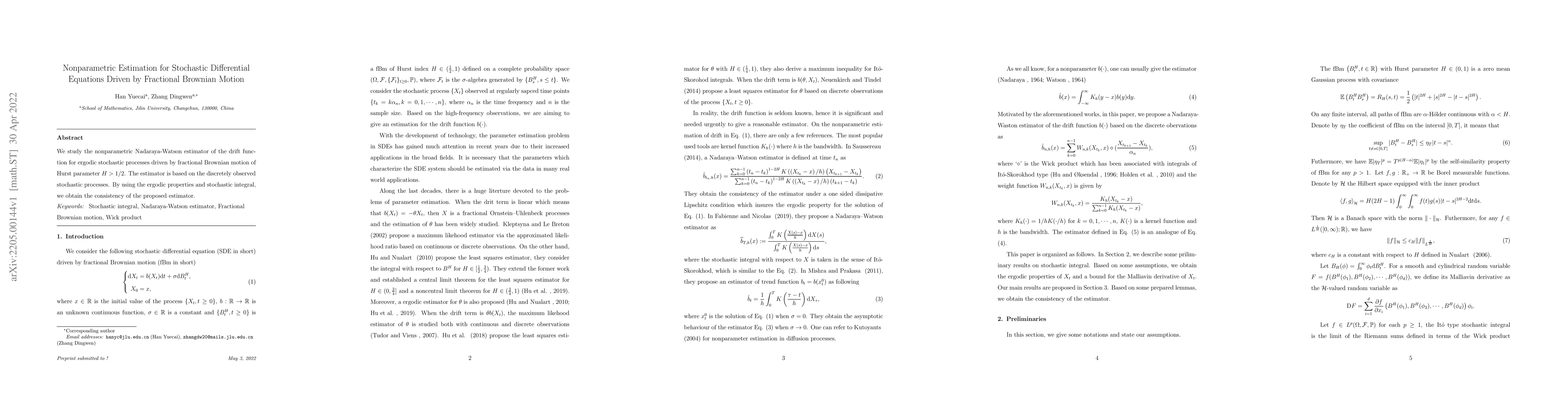 Thumbnail for Nonparametric Estimation for Stochastic Differential Equations Driven by
  Fractional Brownian Motion