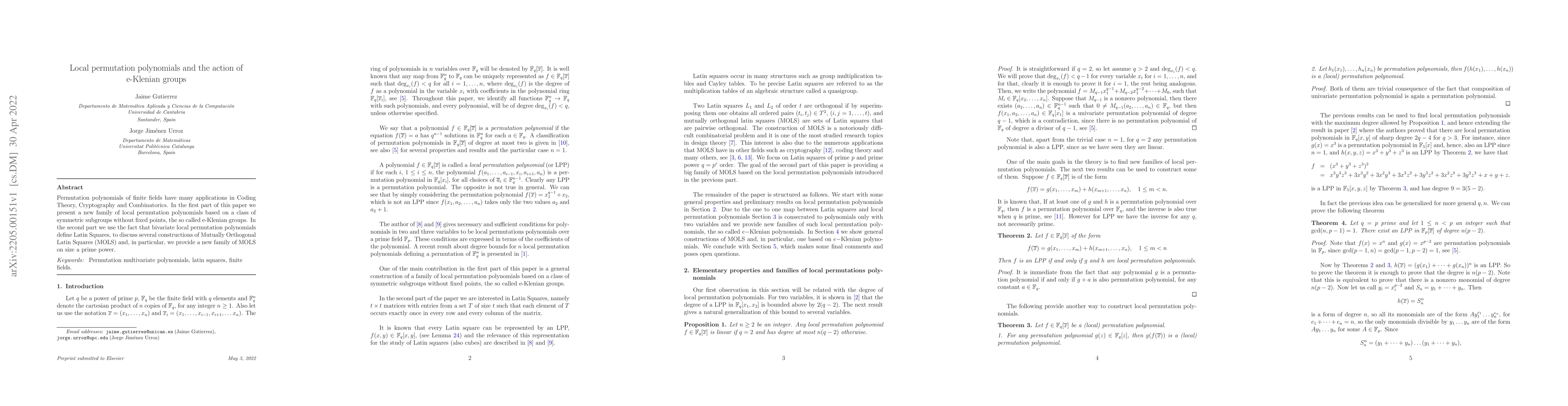 Thumbnail for Local permutation polynomials and the action of e-Klenian groups