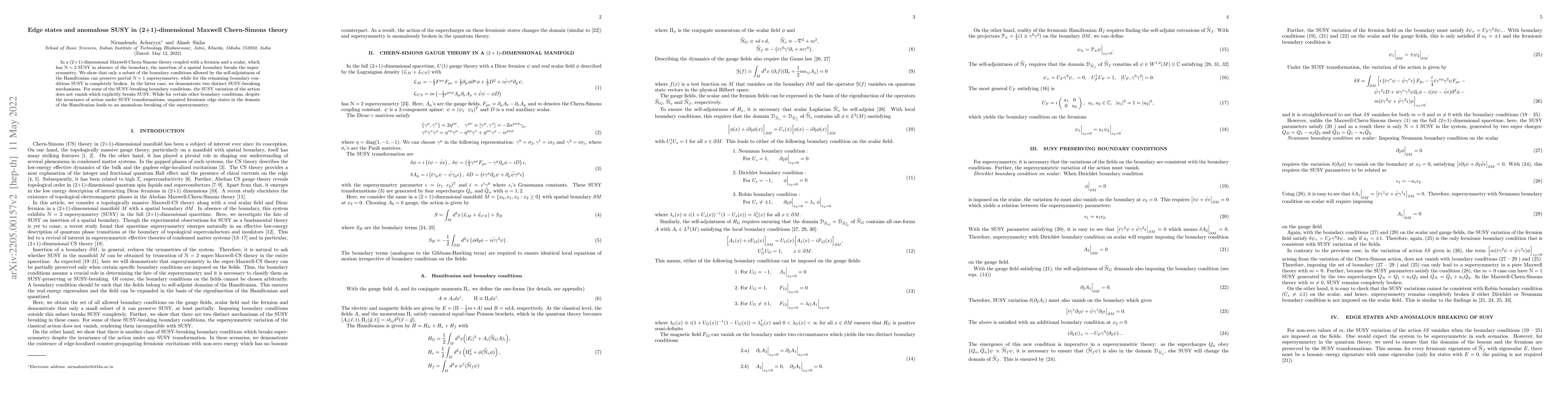 Thumbnail for Edge states and anomalous SUSY in (2+1)-dimensional Maxwell Chern-Simons
  theory