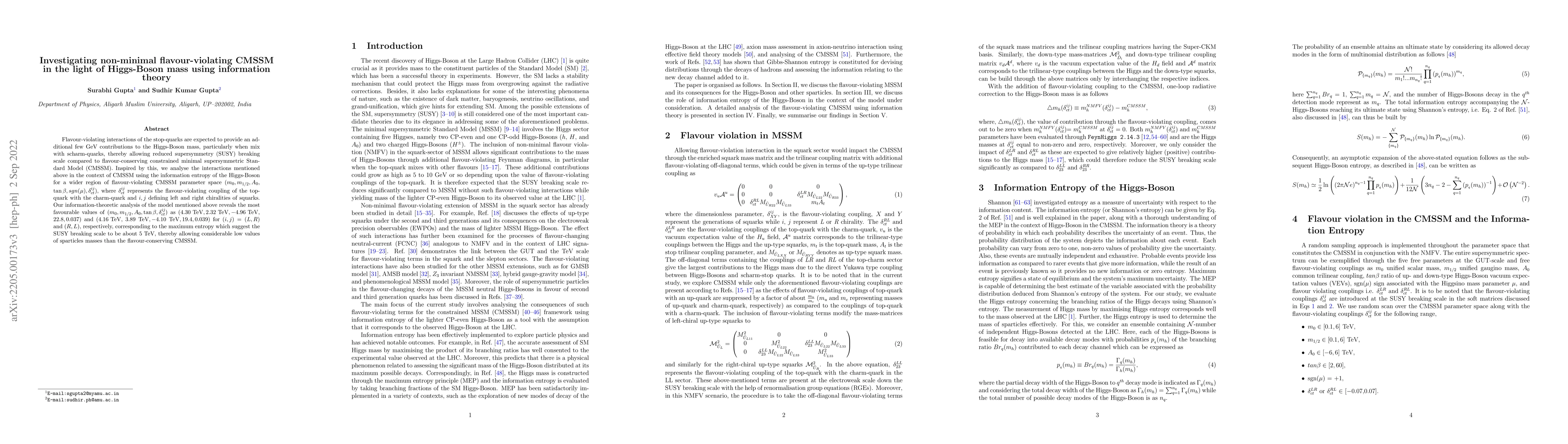 Thumbnail for Investigating non-minimal flavour-violating CMSSM in the light of
  Higgs-Boson mass using information theory