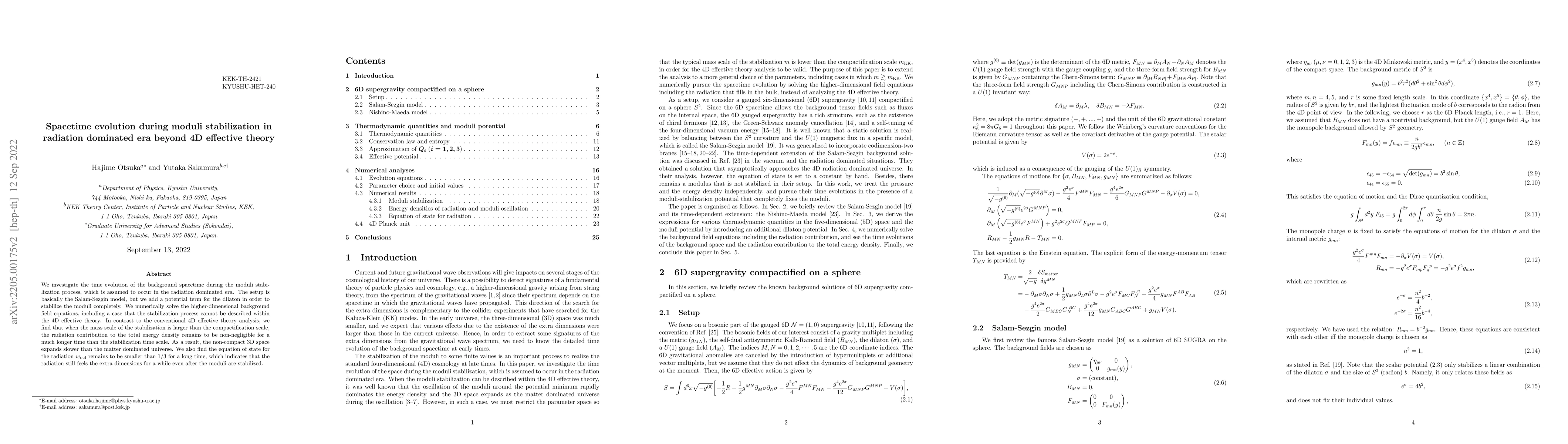 Thumbnail for Spacetime evolution during moduli stabilization in radiation dominated
  era beyond 4D effective theory
