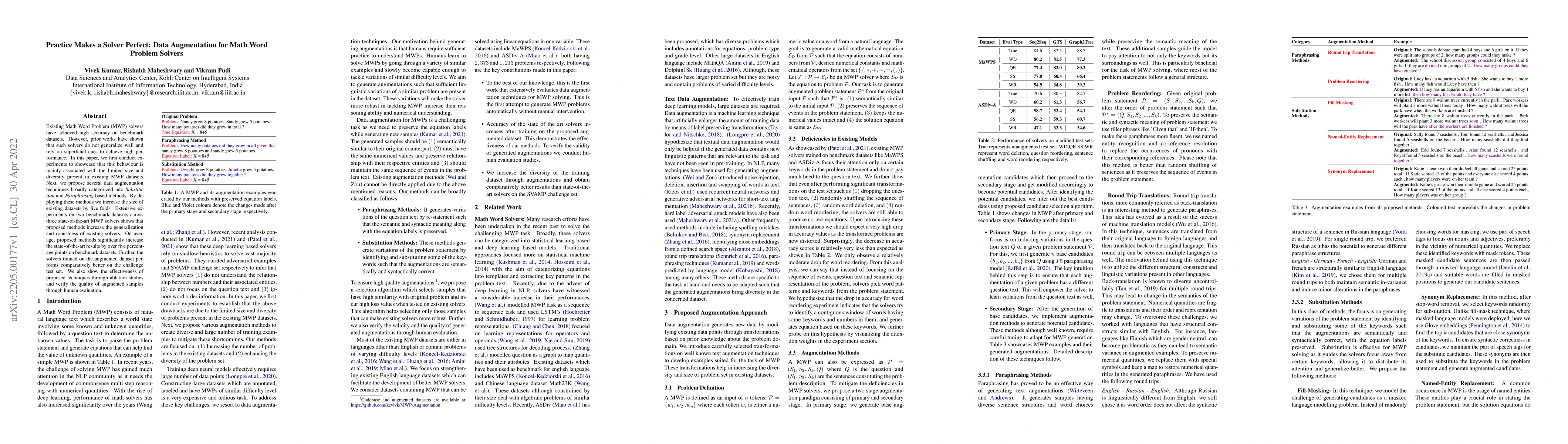Thumbnail for Practice Makes a Solver Perfect: Data Augmentation for Math Word Problem
  Solvers
