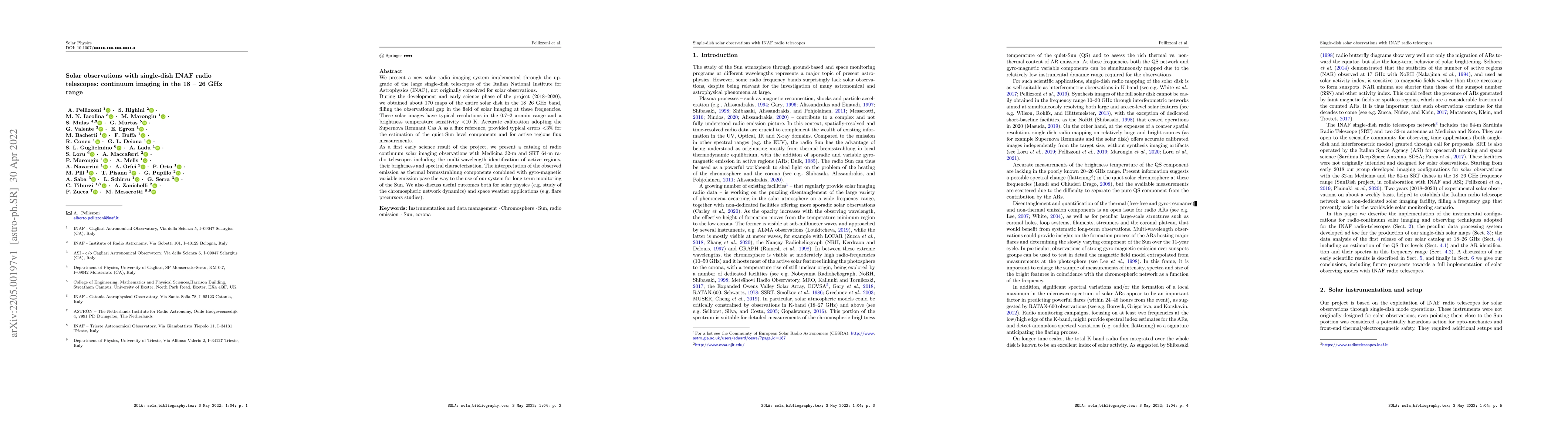 Thumbnail for Solar observations with single-dish INAF radio telescopes: continuum
  imaging in the 18-26 GHz range