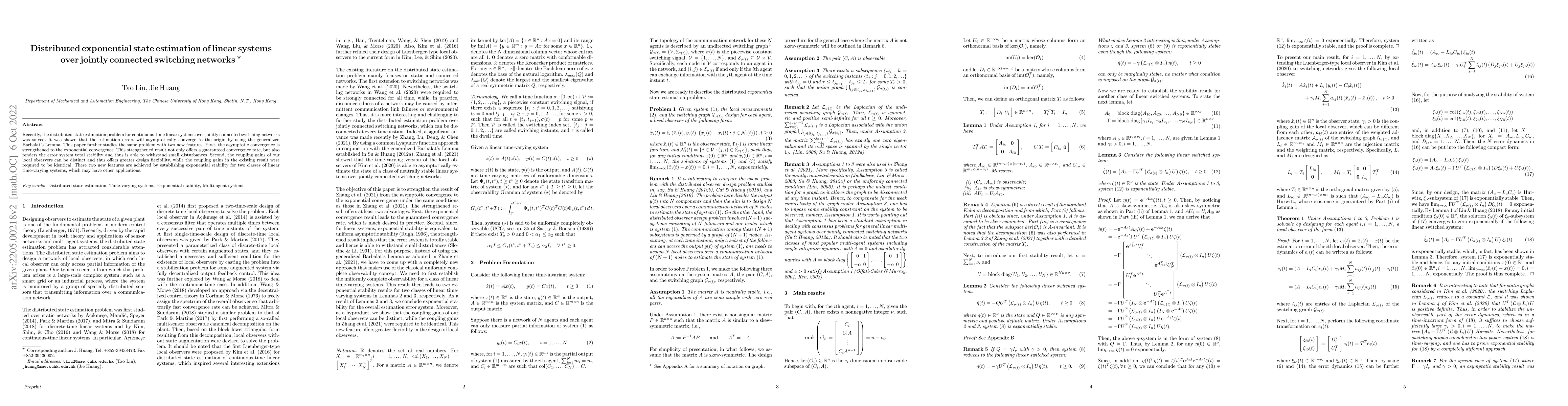 Thumbnail for Distributed exponential state estimation of linear systems over jointly
  connected switching networks