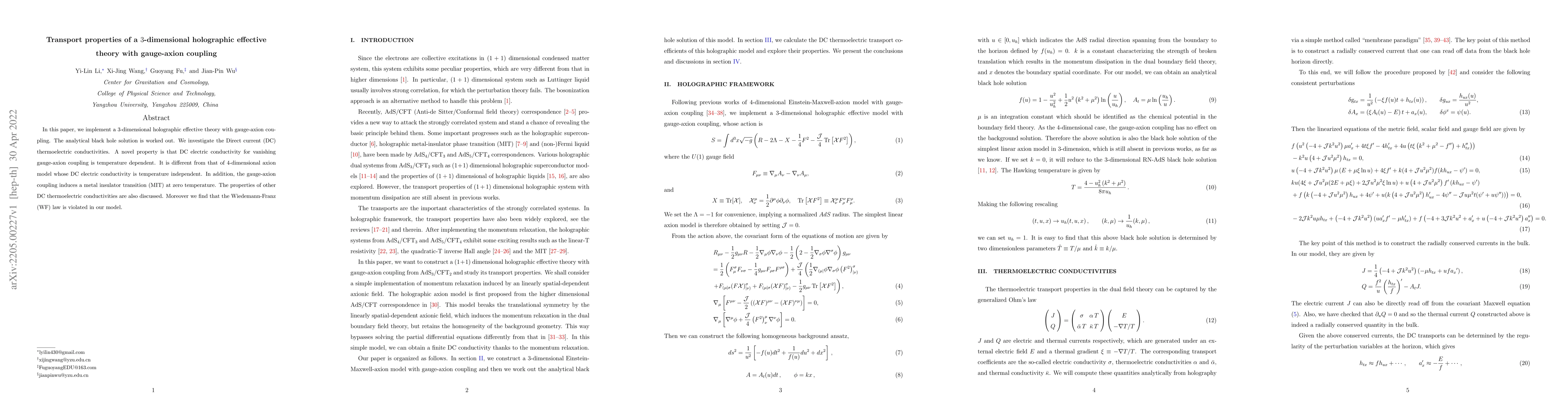 Thumbnail for Transport properties of a $3$-dimensional holographic effective theory
  with gauge-axion coupling