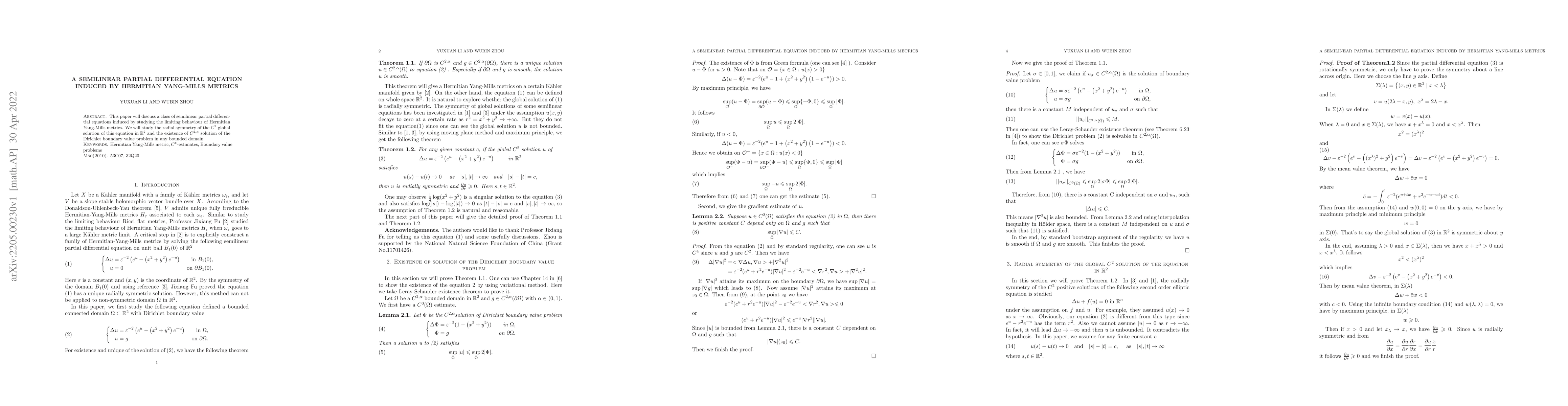 Thumbnail for A semilinear partial differential equation induced by Hermitian
  Yang-Mills metrics