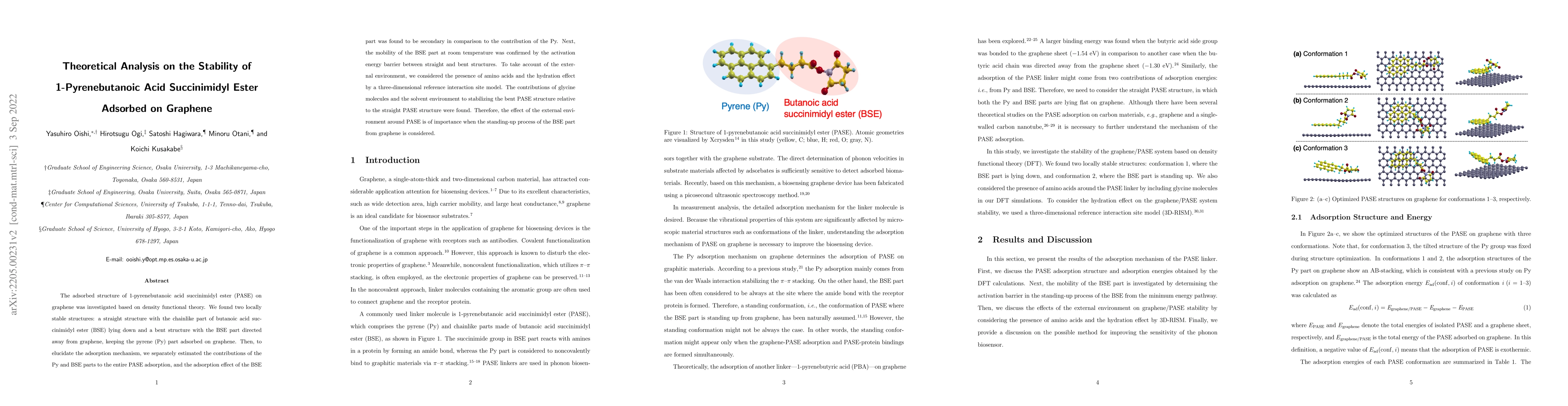 Thumbnail for Theoretical Analysis on the Stability of 1-Pyrenebutanoic Acid
  Succinimidyl Ester Adsorbed on Graphene