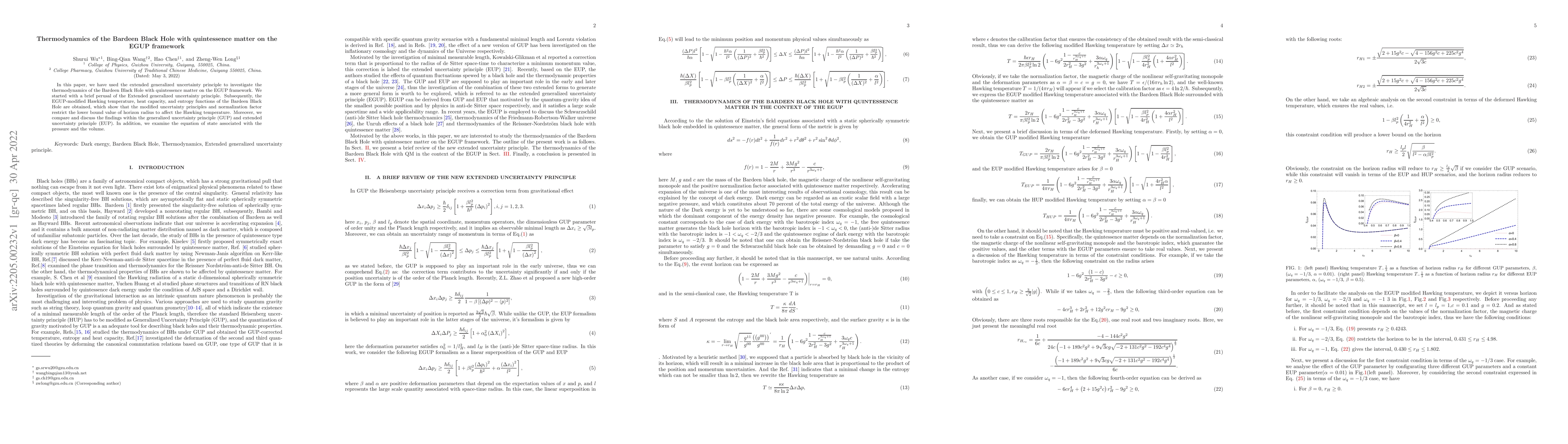 Thumbnail for Thermodynamics of the Bardeen Black Hole with quintessence matter on the
  EGUP framework
