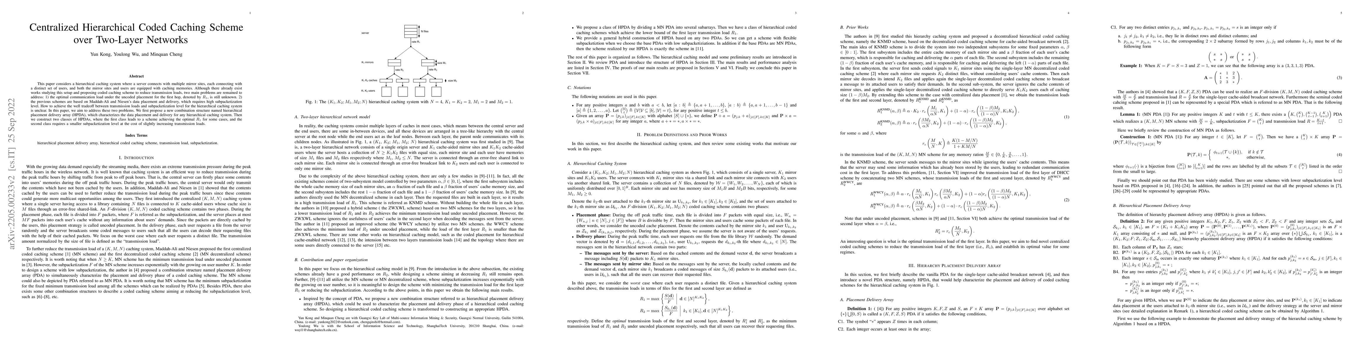 Thumbnail for Centralized Hierarchical Coded Caching Scheme over Two-Layer Networks